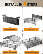 Under Bed Storage With Wheels, 2 Pack Foldable Pattern Carved Metal Under Bed Storage Containers, 60L Rolling Underbed Storag