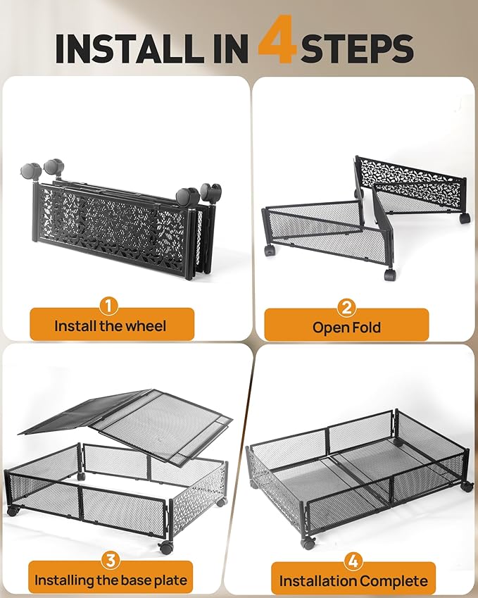 Under Bed Storage with Wheels, Foldable Pattern Carved Metal Under Bed Storage Containers, 60L Rolling Underbed Storage, Easy