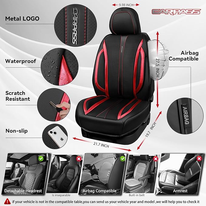 CAR PASS Nappa Leather Car Seat Covers, Durable Waterproof Luxury Universal Seat Covers for SUV Pick-up Truck Sedan, Anti-Sli