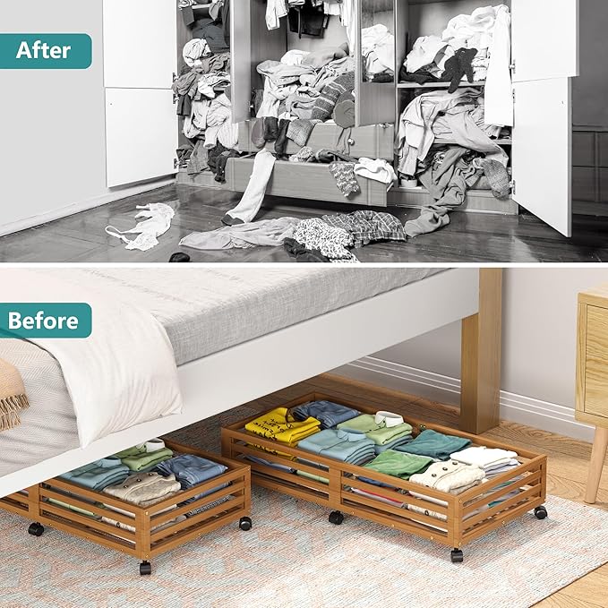 Wisuce Bamboo Under Bed Storage Containers- Underbed Organizer with Wheels with Large Dust Bag,Sturdy Wood Rolling Under the 