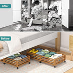 Wisuce Bamboo Under Bed Storage Containers- Underbed Organizer with Wheels with Large Dust Bag,Sturdy Wood Rolling Under the 