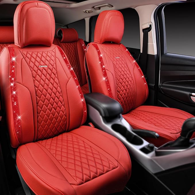 CAR PASS Nappa Leather Bling Diamond Car Seat Covers Full Set Universal Cushioned, Waterproof Heavy-Duty Anti-Slip Luxury Lea