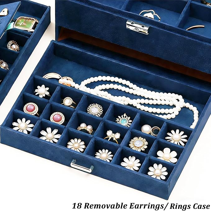QBestry 3-Layer Jewelry Box for Women with Lock and Key & Drawer, Large Jewelry Organizer with 8 Necklace Hooks & 56 Earring 