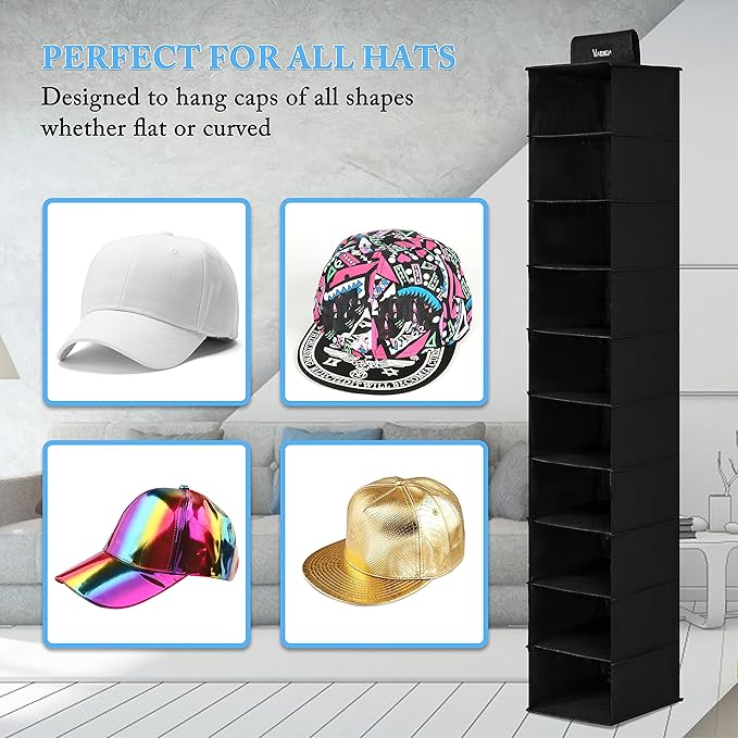 VAESIDA Hat Rack for Closet, 10 Shelf Hanging Hat Organizer for Baseball Caps Storage, Hat Holder Organizer for Hat Display, 
