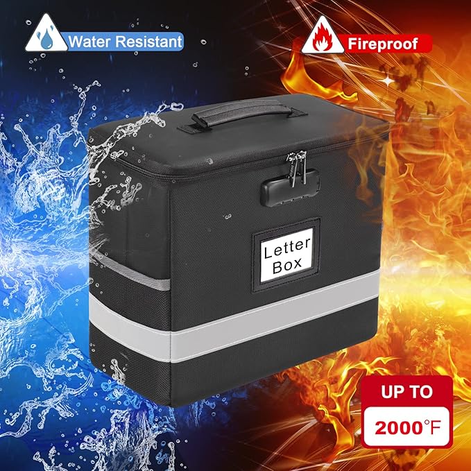Fireproof File Box with Lock, Document Box Storage Organizer, Suitable for Hanging File Folders in Letter Size, Collapsible F