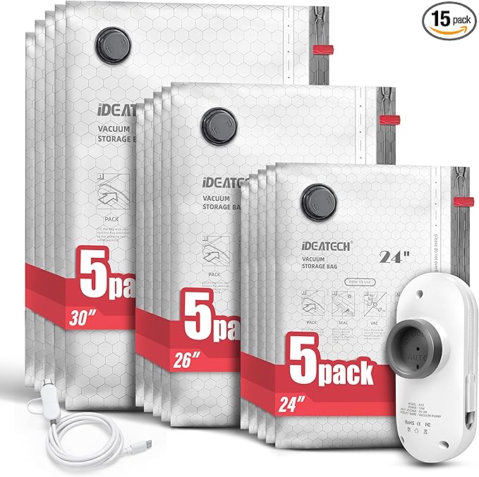 IDEATECH 15 Pack Travel Vacuum Bags with USB Pump, Space Saver Vacuum Seal Bags for Clothes, Compression Bags for Suitcase Pa