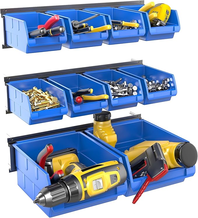 WALMANN Wall Mounted Storage Bins for Small Parts, 10 Bins with 3 Metal Rails, Plastic Wall Bins for Screws, Bolts, Nuts, Cra