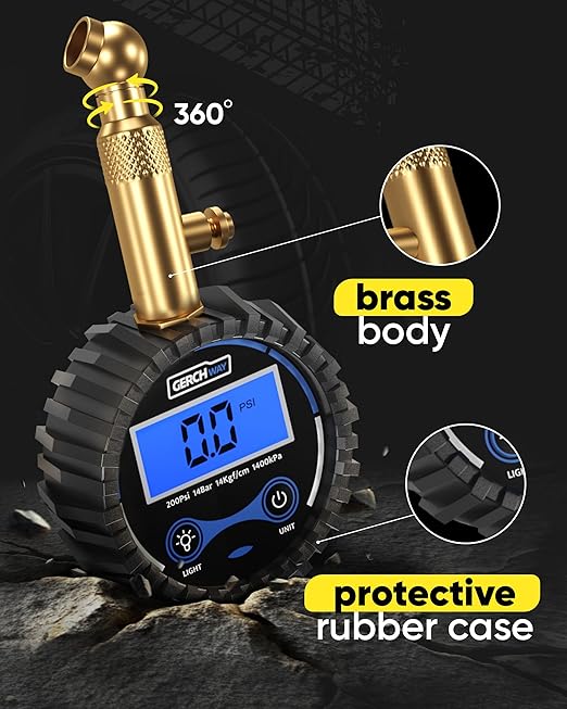 Digital Tire Pressure Gauge for Cars - Accurate Air Pressure Gauge for Tires with 360° Swivel Chuck - 200 PSI