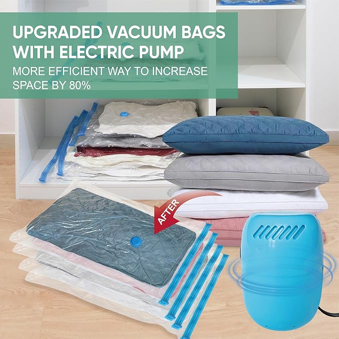 Vacuum Storage Bags with Electric Pump, Space Saver Vacuum Seal Bags with Pump, Sealer Compression for Clothes, Comforters, B