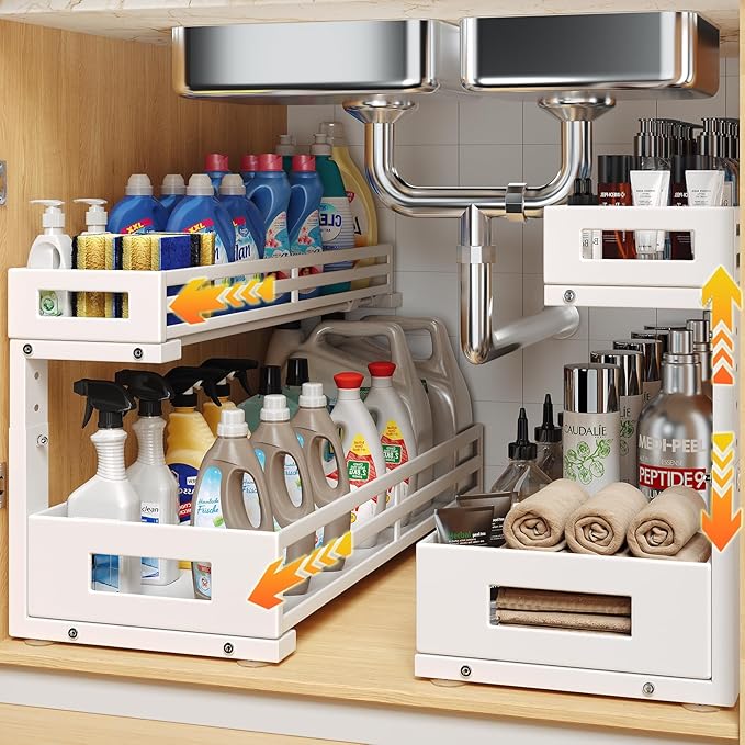 2-Pack 20.47"Deep Under Sink Organizer And Storage,2-Tier L-Shaped Pull Out Cabinet Organizer with Upgraded Slide Rails,Heigh
