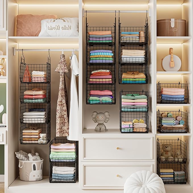 4" Extra Deeper Hanging Closet Organizers and Storage,4 Tier Foldable Wire Cabinet Shelves with 5 S Hooks,Small Metal Basket 