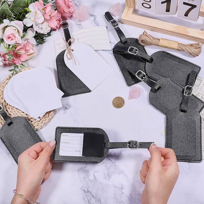 FREEBLOSS 50 Set Leather Luggage Tags Bulk Wedding Favors Luggage Tag Black PU Flip-Fold Bag Name Tag with 50 Insert Cards We