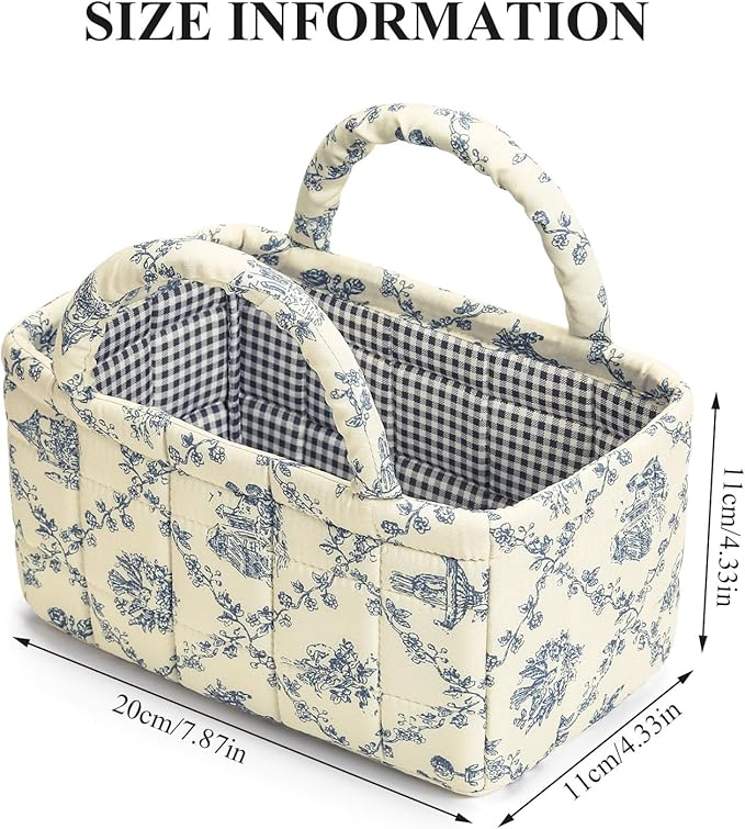 Small Storage Basket Organizer, Mini Fabric Floral Storage Baskets with Handle, Quilted Portable Collapsible Storage (Vine-Gr