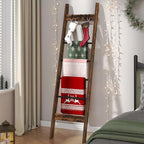 Hzuaneri Blanket Ladder for Living Room, Decorative Quilt Rack with 4 Removable Hooks, 5-Tier Farmhouse Ladder Holder Shelf O