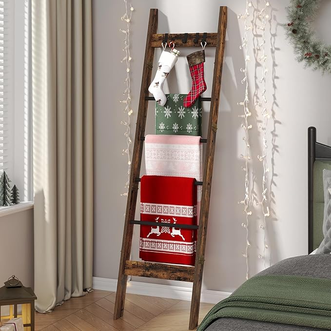 Hzuaneri Blanket Ladder for Living Room, Decorative Quilt Rack with 4 Removable Hooks, 5-Tier Farmhouse Ladder Holder Shelf O