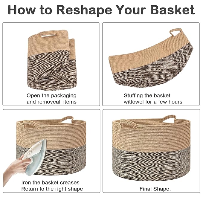 90L Large Blanket Basket, 21.7"x 21.7"x 13.8" Rope Woven Storage Basket with Handles, Laundry Hamper for Toys, Clothes, Pillo