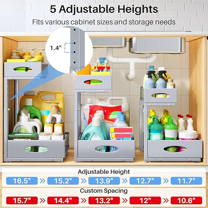Under Sink Organizer, 2 Pack 2 Tier Pull Out Under Cabinet Organizer Shelf with Pad for Framed Cabinets, Metal Slide Out Unde