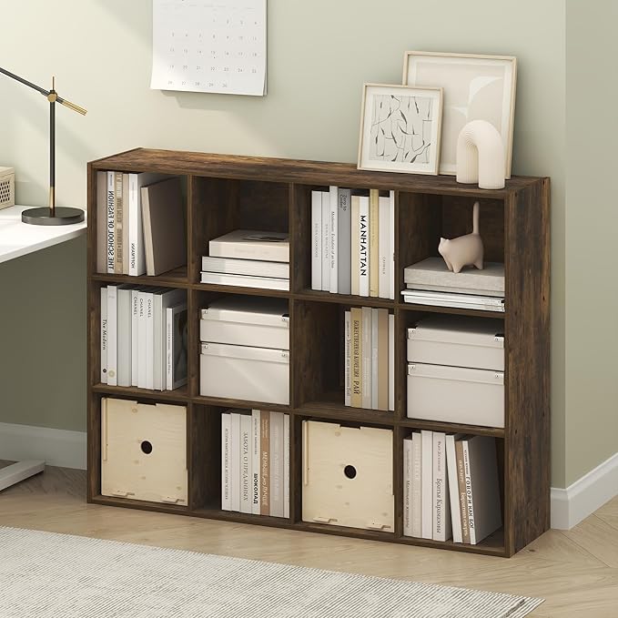 Furinno PELLI Book Shelf, 12-Cube Bookshelf, Cube Storage Organizer Bookcase, 11.7 x 47.6 x 36, for Living Room, Bedroom, Hom