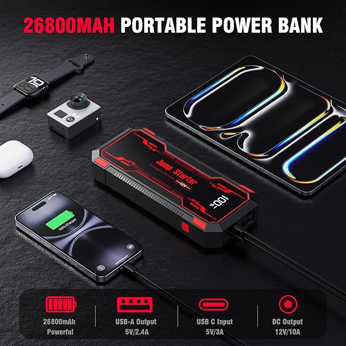 Car Jump Starter 6000A Car Battery Jump Starter Portable,12V Battery Jumper Starter Portable(10.0L Gas/8.0L Diesel),LCD