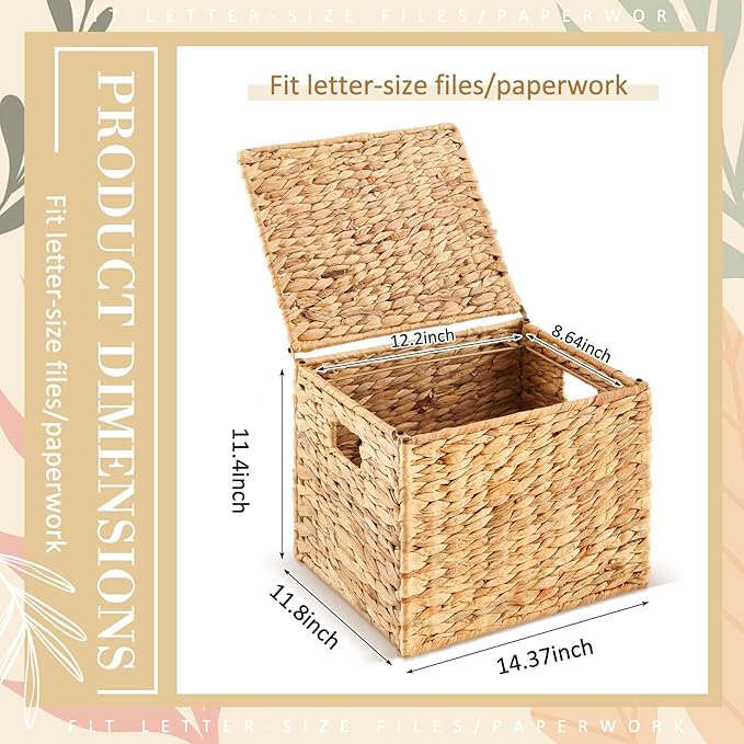 Jingmore 1 Pack Large Decorative File Box Water Hyacinth Letter/Legal Size File Organizer with Lid Collapsible Hand Woven Fil