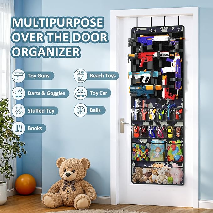 Over The Door Organizer for Toy Guns, Toy Storage, Toys Organizer with Pockets, Hook&Loop Straps for Foam Blasters, Darts, Go