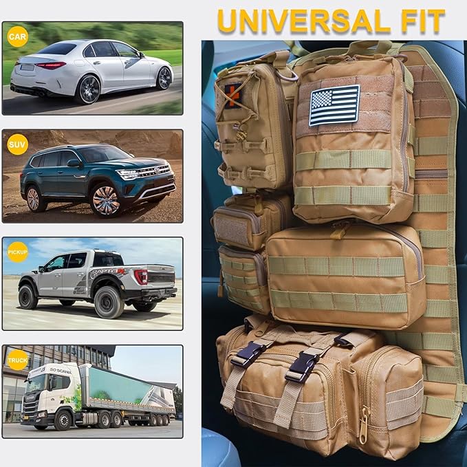 Universal Tactical Car Seat Back Organizer Bag Tactical Molle Vehicle Organizers Panel Vehicle Protector Organizers with 5 Detachable Pouches for Car Truck Ford Jeep (Model A-Khaki)