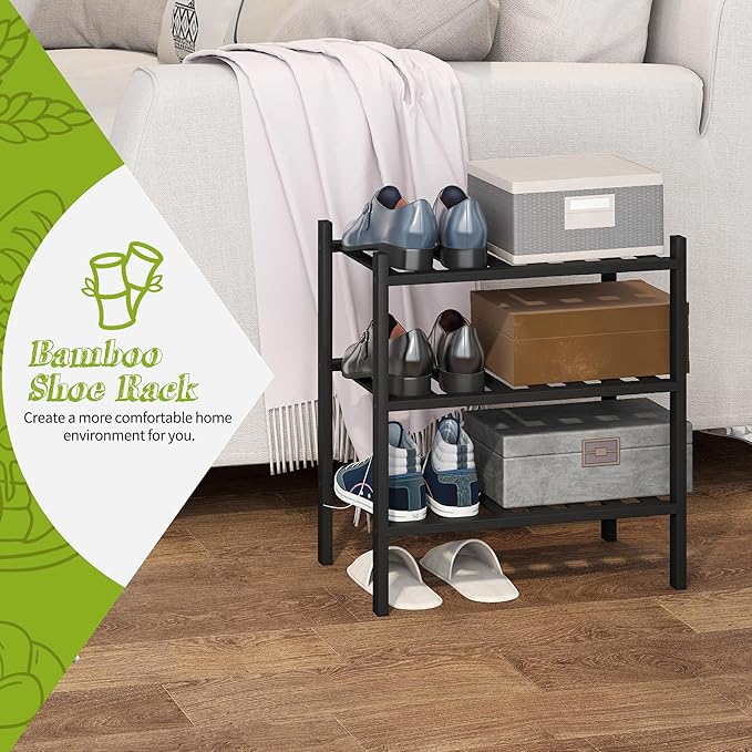 BMOSU 3-Tier Bamboo Small Shoe Rack Premium Stackable Shoe Shelf Storage Organizer for Hallway Closet Living Room Entryway Or