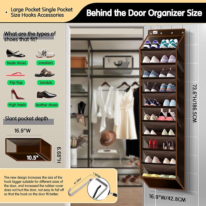 Kotkn 10 Tier Over The Door Organizer - Heavy Duty Hanging Storage Rack with Sturdy Oxford Fabric, Holds 20+ Pairs of Footwea