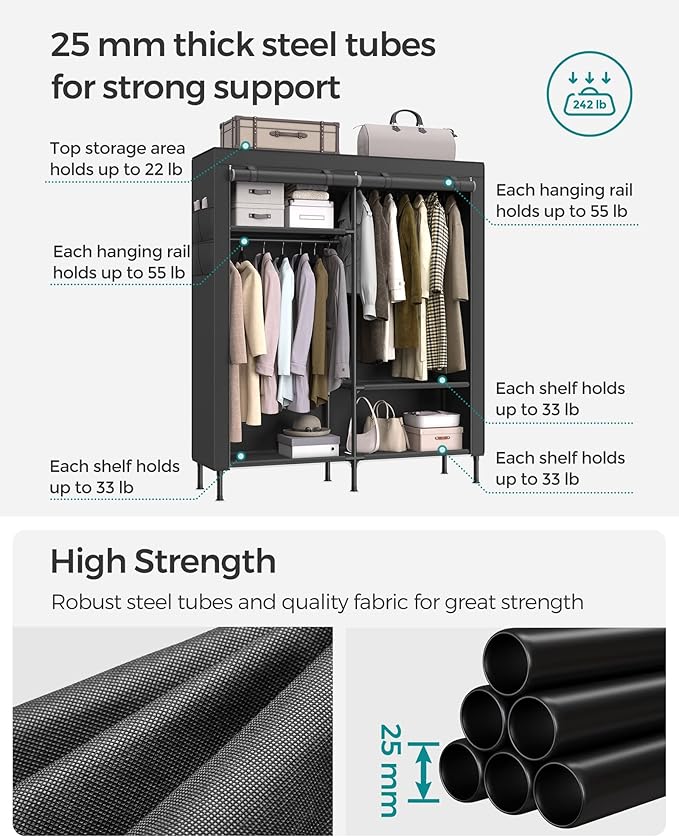SONGMICS Wardrobe Closet, 65 Inch Heavy Duty Portable Closet, Freestanding Closet Organizer, Clothes Rack with Cover, 2 Hangi