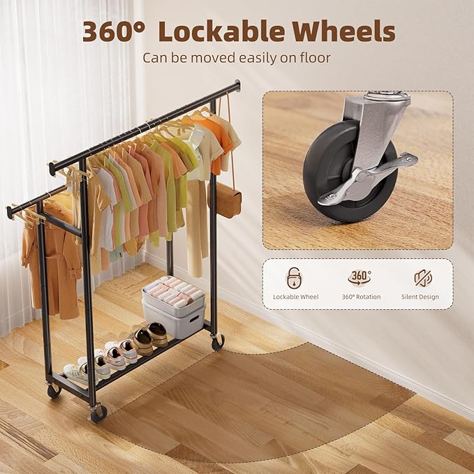 Simple Trending Clothes Rack, Double Rods Clothing Rack for Hanging Clothes, Metal Garment Rack with Rolling Wheels, Portable