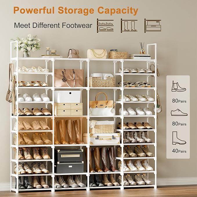 WOWLIVE 4 Row 10 Tiers Extra Large Shoe Rack Big Tall Metal Shoe Shelf, Heavy Duty Organizer for Closet Entryway, Boot Rack S