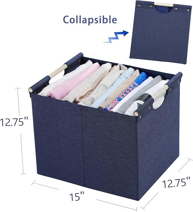HOONEX Large Foldable Storage Bins, Linen Fabric, Pack of 2, Storage Baskets with Wooden Carry Handles and Sturdy Heavy Cardb