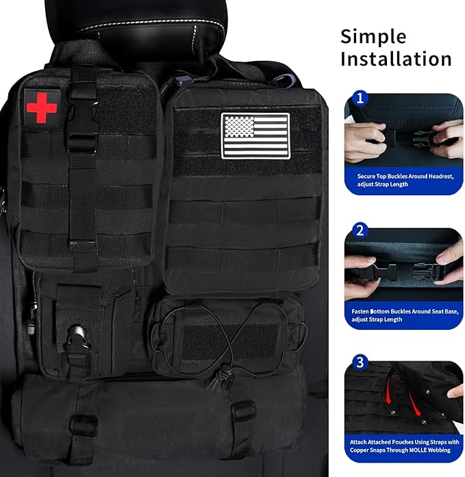 6 Pack Tactical MOLLE Car Seat Back Organizer Universal Vehicle Storage Panel Seat Organizer with 5 Detachable Pouches for Car Truck SUV Jeep Ford with Medical/Phone/Tools Bags (Black)