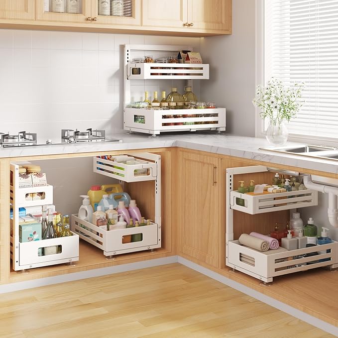 1 Pack Under Sink Organizer,Pull Out Cabinet Organizer with Smooth Cylindrical Rail,Metal Slide Out Drawer for Kitchen Bathro