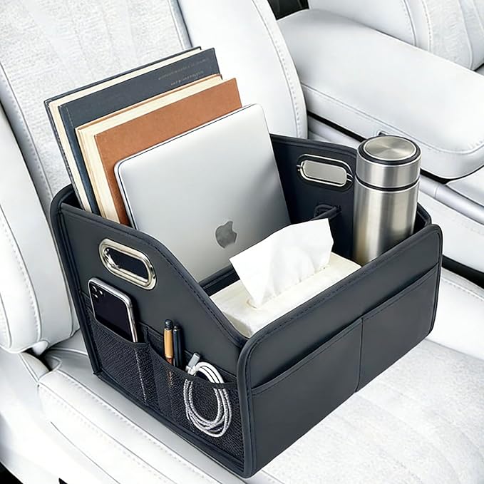 Car Storage Organizer for Seat and Floor - Car Organizer Front Seat with Metal Handle, 8 Compartments Passenger Seat Organizer, Anti-Slip Straps, Water-Resistant PU Leather (12.6 Inch Black)