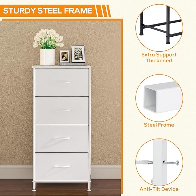 DUMOS Dresser for Bedroom, 4 Storage Drawers, Tall Fabric Closet Chests Organizer Tower Furniture with Wooden Top Metal Frame