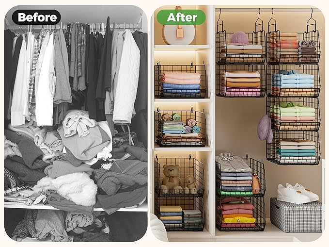 4" Extra Deeper Hanging Closet Organizers and Storage,4 Tier Foldable Wire Cabinet Shelves with 5 S Hooks,Small Metal Basket 