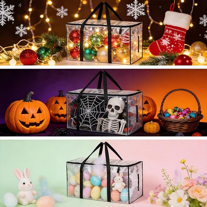 6-Pack Extra Large Clear Moving Bags with Zippers, 93L Heavy Duty Storage Totes with Wrap-Around Handles, Collapsible Clothes