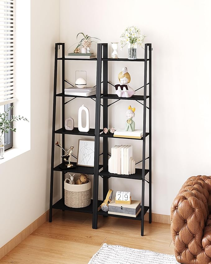 Hzuaneri Ladder Shelf, Bookshelf Bookcase, Freestanding Corner Storage Shelve with 2 Hooks for Home Office, Living Room, Kitc