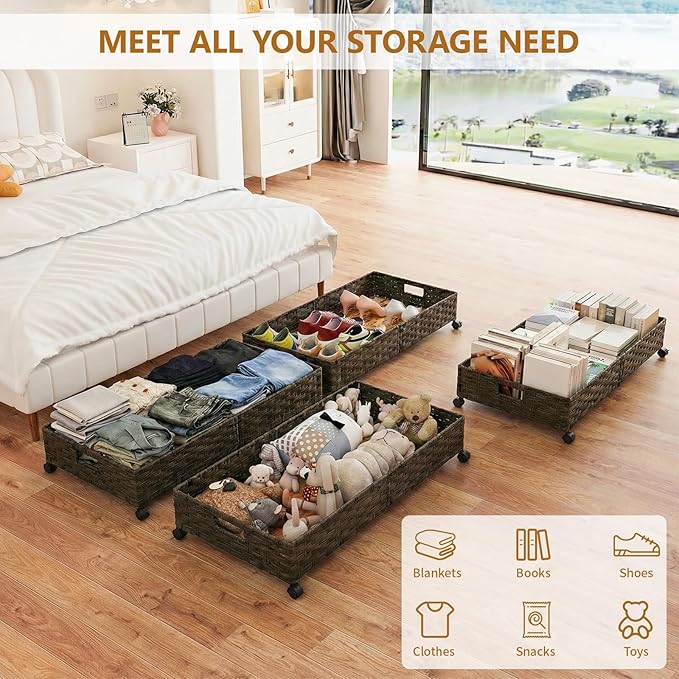 Under Bed Storage with Wheels, 40L Large Rolling Underbed Shoes Storage Boxs, Handwoven Rattan Under Bed Storage Organizer Dr