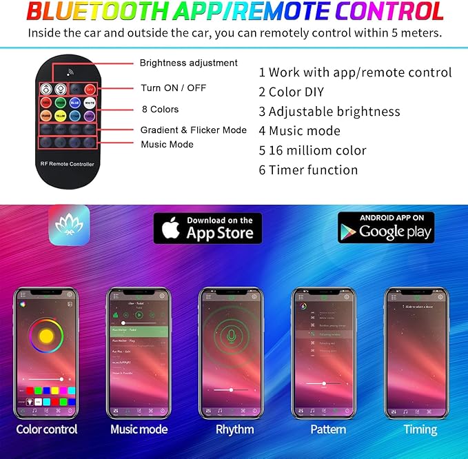 Upgraded 6-in-1 Car Ambient Lighting Kit, 315-inch Pre-Threaded Fiber Optic, APP & Remote Control, 16 Million Colors, Music Sync, High Brightness LED Interior Lights for Cars, Trucks, SUV