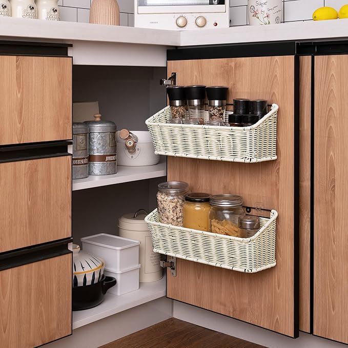 GRANNY SAYS Wicker Hanging Basket, 2 Pack Storage Baskets for Organizing, Adhesive Wall Mount Fruit Basket, Kitchen Organizat