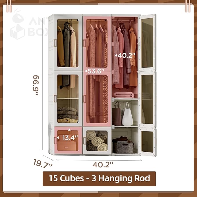 ANTBOX Portable Wardrobe Closet Storage Organizer for Clothes,Transparent Door Panels,Suitable for Living Room, Bedroom,Plast