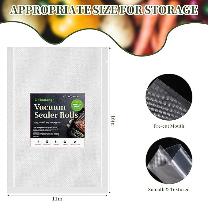 Vacuum Sealer Bags For Food - 100 Quart 11" x 16" - Commercial Grade BPA Free Bag - Durable Customized Size Food Vac Bags for