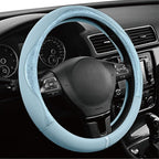 PIC AUTO Steering Wheel Cover, Light Blue Patterned Leather Patchwork Design, Universal Fit 14.5"–15.5", Anti-Slip, Odor-Free