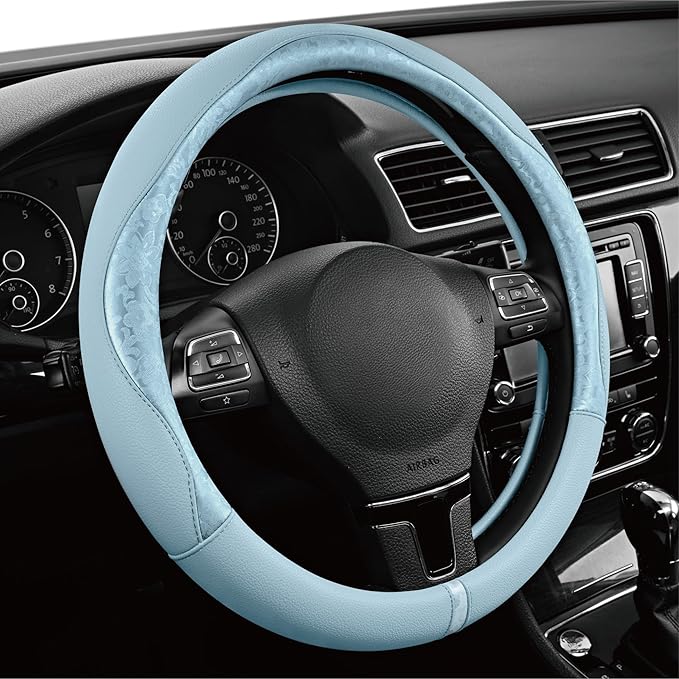 PIC AUTO Steering Wheel Cover, Light Blue Patterned Leather Patchwork Design, Universal Fit 14.5"–15.5", Anti-Slip, Odor-Free