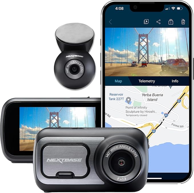 Nextbase 422GW Dash Cam Front and Rear Camera with App- Full 1440p/30fps Quad HD Small in Car- WiFi Bluetooth GPS- Alexa Voic