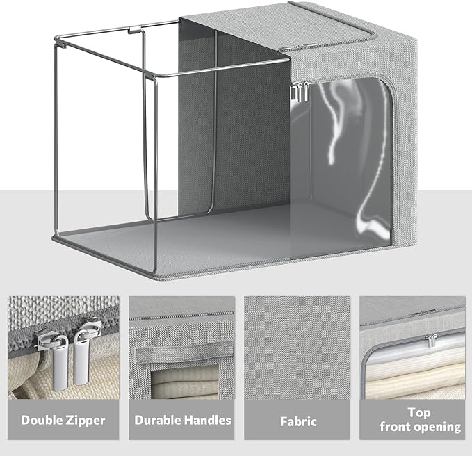 CYhom 4 Pack Clothes Storage Bins with Metal Frame - Linen Fabric Foldable Stackable Container Organizer Set with Clear Windo