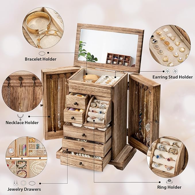 Jewelry Box for Women, Rustic Wooden Jewelry Boxes & Organizers with Mirror & Drawers,6 Layer Jewelry Organizer Box for Rings