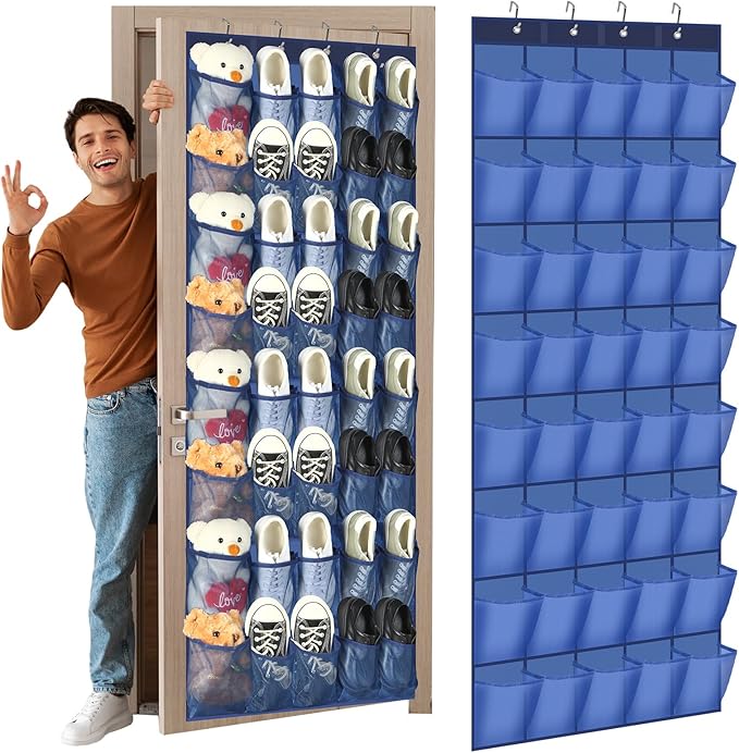 Windyun 40 Large Over the Door Hanging Shoe Organizer Navy Blue Mesh Pockets Shoe Rack for Closet Behind Door Hanger Storage 